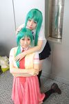  bow chippi cosplay green_hair hair_bow hairbow highres higurashi_no_naku_koro_ni knee_socks kneehighs momose_riyu photo school_uniform serafuku sonozaki_mion sonozaki_shion vest 