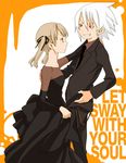  1girl artist_request black_dress blonde_hair cowboy_shot dress english formal from_side long_sleeves maka_albarn pants profile short_hair silver_hair simple_background soul_eater soul_eater_(character) suit text_focus white_background 