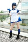  blue_hair boots cosplay cuffs eyepatch gloves handcuffs highres ikkitousen kneehighs maid maid_apron maid_uniform namada photo ryomou_shimei ryomou_shimei_(cosplay) 