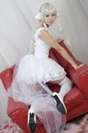  ahane_ahaneco ahaoto all_fours asian blonde_hair chair chii chobits cosplay dress frills high_heels lace long_hair persocom photo real robot_ears ruffles thigh-highs thighhighs white_legwear 