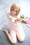  blonde_hair child cosplay dress food fruit glasses highres ichigo_mashimaro mamiya_tamaki photo sakuragi_matsuri strawberry strawberry_pattern 