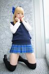  blonde_hair bow cosplay hair_bow hairbow highres namada photo school_uniform serafuku sweater thigh-highs thighhighs 