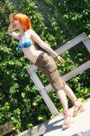  1girl amanone_shun asian bikini_top camouflage cargo_shorts cosplay female nami nami_(cosplay) nami_(one_piece) nami_(one_piece)_(cosplay) one_piece orange_hair outdoors photo plant sandals skypiea solo wedge_heels wedges 