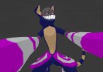  3d_(artwork) blue_fur canine clothing digital_media_(artwork) female first_person_view fur gallil gloves kneeling kova_(gallil) mammal mask monster mostly_nude multicolored_eyes multicolored_fur pussy smile striped_tail stripes teeth two_tone_fur unknown_(disambiguation) 