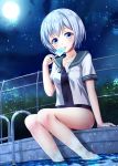  absurdres arm_support bangs bare_legs barefoot blue_eyes blush breasts bush chain-link_fence collarbone commentary_request dutch_angle eyebrows_visible_through_hair fence food full_moon highres holding holding_food huge_filesize looking_at_viewer medium_breasts moe2018 moon night night_sky omoomomo open_clothes open_shirt original outdoors parted_lips pool pool_ladder poolside popsicle revision school_swimsuit school_uniform serafuku shirt short_hair short_sleeves silver_hair sitting sky soaking_feet solo star_(sky) starry_sky swimsuit swimsuit_under_clothes water white_shirt 