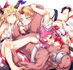  3girls bandages bar_censor barefoot blonde_hair breasts bun_cover censored cuffs cum cum_in_mouth double_bun drooling fellatio fisting flat_chest group_sex hetero horn horns hoshiguma_yuugi ibaraki_kasen ibuki_suika male_pubic_hair mask medium_breasts moku_(racie45bv) multiple_girls nipples one_eye_closed open_mouth oral panties panty_pull penis pink_eyes pink_hair pubic_hair puffy_nipples red_eyes saliva shackles small_breasts star toes tongue torn_clothes touhou underwear yellow_eyes 