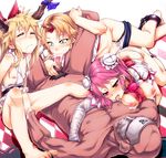  3girls bandages bar_censor barefoot blonde_hair breasts bun_cover censored cuffs cum cum_in_mouth double_bun drooling fellatio fisting flat_chest group_sex hetero horn horns hoshiguma_yuugi ibaraki_kasen ibuki_suika lactation male_pubic_hair mask medium_breasts moku_(racie45bv) multiple_girls nipples one_eye_closed open_mouth oral panties panty_pull penis pink_eyes pink_hair pubic_hair puffy_nipples red_eyes saliva shackles small_breasts star toes tongue torn_clothes touhou underwear yellow_eyes 