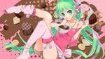  baking bare_shoulders casual chocolate green_eyes green_hair hatsune_miku headphones highres long_hair looking_at_viewer low_twintails omucchan_(omutyuan) pink_legwear solo thighhighs twintails very_long_hair vocaloid wallpaper 
