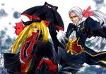  1boy 1girl arc_system_works bat blazblue blonde_hair blue_eyes butler cat cross dress gii girl long_hair male nago ponytail rachel_alucard red_eyes twintails umbrella valkenhayn_r_hellsing vampire werewolf white_hair 