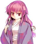  alternate_hair_color bad_id bad_pixiv_id culter fan folding_fan hair_ribbon highres japanese_clothes kimono kotohime pink_eyes purple_hair ribbon simple_background solo touhou touhou_(pc-98) 