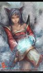  ahri animal_ears bare_shoulders black_hair breasts cleavage energy_ball facial_mark foliage_(artist) fox_ears fox_tail korean_clothes league_of_legends long_hair medium_breasts multiple_tails solo tail tassel whisker_markings 