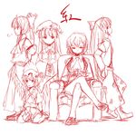  ascot bow chair crescent crossed_legs detached_sleeves easy_chair flandre_scarlet fujiwara_no_mokou hair_bow hair_tubes hakurei_reimu hat highres kazami_yuuka long_hair miyo_(ranthath) monochrome multiple_girls patchouli_knowledge short_hair side_ponytail sitting sketch smile touhou wariza wings 