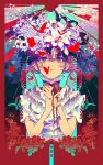  1girl abstract akiakane bug butterfly commentary_request flower hair_between_eyes insect long_hair looking_at_viewer neck_ribbon original parted_lips red_eyes red_hair red_neckwear red_ribbon ribbon rising_sun short_hair solo sunburst 
