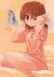  barefoot blue_eyes blush brown_hair kouno_hikaru long_hair lyrical_nanoha mahou_shoujo_lyrical_nanoha_strikers minigirl multiple_girls naked_towel one_eye_closed pajamas reinforce_zwei silver_hair towel yagami_hayate 