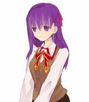  fate/stay_night fate_(series) hair_ribbon homurahara_academy_uniform long_hair matou_sakura purple_eyes purple_hair ribbon school_uniform solo soto 