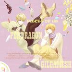 ahoge arthur_pendragon_(fate) blonde_hair boots candy casual coat earrings english fate/prototype fate/zero fate_(series) fingerless_gloves food gilgamesh gloves green_eyes gun handgun heart heart_hands jewelry male_focus money multiple_boys pianowhite red_eyes revolver scarf weapon 
