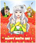  :d ahoge bangs black_hair blonde_hair closed_eyes elbow_gloves flower ganaha_hibiki gloves happy_birthday hoshii_miki idolmaster idolmaster_(classic) kidachi long_hair midriff multiple_girls open_mouth ponytail shijou_takane smile vital_sunflower 