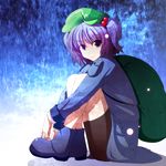  backpack bad_id bad_pixiv_id bag bike_shorts colorized hair_bobbles hair_ornament hat highres kawashiro_nitori leg_hug looking_at_viewer s-syogo smile solo touhou two_side_up 