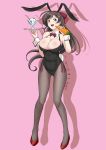  1girl 2019 :d alternate_costume animal_ears bare_arms bare_shoulders black_leotard blush bow bowtie breasts brown_hair bunny_ears bunny_girl bunny_tail bunnysuit carrot dated detached_collar eyebrows_visible_through_hair female food full_body grey_legwear hair_bow hair_ornament hair_ribbon hairclip hands_up high_heels highres holding holding_food ice_cream kantai_collection large_breasts leotard long_hair looking_at_viewer mamiya_(kantai_collection) mokerou neck open_mouth pantyhose pink_background red_bow red_eyes red_footwear red_neckwear ribbon round_teeth shadow simple_background smile solo standing tail teeth tray twitter_username upper_teeth wrist_cuffs 
