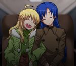  :o ahoge blonde_hair blue_hair closed_eyes coat double-breasted drooling fur_collar hoshii_miki idolmaster idolmaster_(classic) kidachi kisaragi_chihaya locked_arms long_hair multiple_girls open_mouth sleeping trench_coat winter_clothes winter_coat 