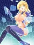  :d ahoge blonde_hair bodysuit breasts covered_navel covered_nipples green_eyes hoshii_miki idolmaster idolmaster_(classic) impossible_clothes large_breasts long_hair open_mouth purple_legwear see-through shima-shuu skin_tight smile solo 