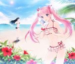  bad_id bad_pixiv_id bare_shoulders bikini black_bikini black_hair blue_sky blurry bottle bottle_to_cheek bracelet cloud day depth_of_field flower frilled_swimsuit frills halterneck hibiscus jewelry long_hair multiple_girls navel open_mouth original otsukaresanpo pink_eyes pink_hair pocari_sweat scrunchie shading_eyes sky swimsuit twintails water_bottle 