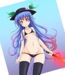  bad_id bad_pixiv_id bikini blue_hair breasts hat hinanawi_tenshi hips long_hair lowleg red_eyes small_breasts solo sumapan swimsuit sword thigh_gap thighhighs touhou underboob weapon wide_hips 