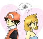  1girl alternate_costume artist_request back-to-back blush brown_hair hat heart heart_background kasumi_(pokemon) orange_hair pokemon pokemon_(game) pokemon_frlg pokemon_hgss pokemon_special polka_dot polka_dot_background red_(pokemon) red_(pokemon_frlg) squiggle 