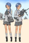  bad_id bad_pixiv_id bag bindi boots braid coh dark_skin gun multiple_girls original ruins school_uniform siblings sisters skirt twins twintails weapon 