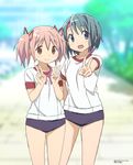  blue_eyes blue_hair bow buruma colorized double_v gym_uniform hachimaki hachimaki_around_neck hair_bow hair_ribbon headband kaname_madoka looking_at_viewer mahou_shoujo_madoka_magica miki_sayaka multiple_girls nakamura_naoto pink_eyes pink_hair ribbon short_hair short_twintails thighs twintails v 