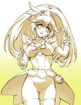  adapted_costume breasts breasts_outside cure_peace double_v eyelashes fat_mons gradient gradient_background hair_flaps hisahiko kise_yayoi large_breasts long_hair magical_girl monochrome nipples no_panties ponytail precure pussy revealing_clothes smile smile_precure! solo thighhighs uncensored v wide_ponytail 