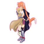  1girl age_difference animal_ears arf blonde_hair blush boots cape closed_eyes familiar fingerless_gloves forehead_kiss gauntlets gloves green_eyes kao_(penguinver777) kiss lifting long_hair lyrical_nanoha magical_boy magical_girl mahou_shoujo_lyrical_nanoha one_eye_closed orange_hair short_hair shorts tail yuuno_scrya 