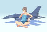  aircraft airplane bare_shoulders barefoot camisole collarbone denim denim_shorts f-16_fighting_falcon feet fighter_jet flash_tomo food giantess indian_style jet licking looking_at_viewer military military_vehicle original popsicle purple_eyes short_shorts shorts sitting solo 