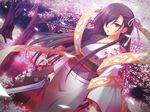  11_eyes black_hair cherry_blossoms japanese_clothes kimono kurokishi_superubia long_hair red_eyes sword tree weapon 