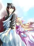  1girl black_hair blonde_hair brown_eyes capelet dress fairy_tail green_eyes head_wings high_collar jewelry kurose_nao long_hair mavis_vermilion necklace popped_collar ribbon wavy_hair zeref 