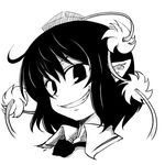  ahoge face greyscale grin hat looking_at_viewer monochrome nanatsume pointy_ears portrait shameimaru_aya smile solo tokin_hat touhou 