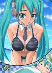  aqua_eyes aqua_hair beach bikini blush blush_stickers breast_squeeze breasts closed_eyes cloud collar covered_nipples day dreaming hachune_miku hatsune_miku headphones headset highres large_breasts long_hair megurine_luka multiple_girls necktie open_mouth outdoors saliva shu_(la-placetick) sky sleeping striped striped_bikini striped_swimsuit swimsuit takoluka thigh_gap twintails very_long_hair vocaloid water wet 