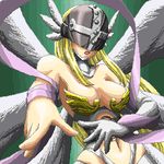  angel_wings angewomon breasts cleavage covered_eyes digimon digimon_adventure dragon_(artist) elbow_gloves gloves helmet helmet_over_eyes large_breasts lowres multiple_wings oekaki outstretched_arm shawl single_glove solo white_gloves wings 
