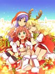  antlers aqua_eyes blonde_hair blue_hair brown_eyes green_eyes hairband hat hoshii_miki idolmaster idolmaster_(classic) kisaragi_chihaya multiple_girls ndo2 orange_hair reindeer_antlers santa_costume santa_hat smile takatsuki_yayoi twintails 