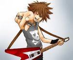  blue_eyes brown_hair electric_guitar guitar hood hoodie instrument kingdom_hearts looking_at_viewer male male_focus pointing_at_viewer ring skull_and_crossbones solo sora sora_(kingdom_hearts) wink wristband 