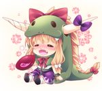  alcohol animal_costume blonde_hair blush bow chibi cuffs dragon_costume fang hair_bow hair_ribbon horn_ribbon horns ibuki_suika long_hair open_mouth ribbon sake saucer shackles shirt simons62166 sitting skirt solo touhou 