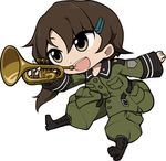  belt boots brown_eyes brown_hair chibi full_body gakubuchi_aiko hair_ornament hairclip instrument military military_uniform open_mouth pocket side_ponytail simple_background solo sora_no_woto sorami_kanata trumpet unbuckled_belt uniform white_background 