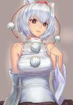  absurdres animal_ears bad_id bad_pixiv_id bare_shoulders bob_cut breasts detached_sleeves face grey_background hat highres inubashiri_momiji jinyuan712 lips medium_breasts parted_lips pink_eyes pom_pom_(clothes) shiny shiny_hair short_hair silver_hair simple_background sleeveless sleeveless_turtleneck solo tokin_hat touhou turtleneck white_hair wolf_ears 