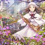  bird blue_eyes branch brown_hair bug building butterfly capelet dress fence flower fountain frills garden gathers hair_ornament headdress highres holding insect instrument lips looking_at_viewer mole mole_under_mouth original petals red_flower red_rose ribbon rose saxophone shigureteki short_hair solo white_dress white_flower white_rose window 