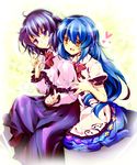  bad_id bad_pixiv_id blue_hair colorized highres hinanawi_tenshi hug hug_from_behind long_hair manabu multiple_girls nagae_iku purple_eyes short_hair touhou yellow_eyes yuri 