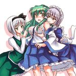  :3 apron blush braid breast_grab breast_lift breast_poke breasts brown_eyes covered_nipples detached_sleeves dress eye_contact frog grabbing green_eyes green_hair hair_ornament hair_ribbon hair_tubes hairband hand_on_own_chin highres hug hug_from_behind izayoi_sakuya kochiya_sanae konpaku_youmu large_breasts long_hair looking_at_another looking_back maid maid_headdress miniskirt multiple_girls nervous poking ribbon see-through shirt short_hair silver_hair simple_background skirt snake stage_connection standing touhou twin_braids v-shaped_eyebrows very_long_hair vest wavy_mouth white_background wide_sleeves yellow_eyes yuki_shizuku yuri 