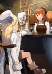  2girls :d absurdres apron black_gloves blonde_hair blush boots brown_apron brown_footwear brown_hair cafe chair collared_shirt commentary_request cup dinergate_(girls_frontline) eyebrows_visible_through_hair eyes_closed fingerless_gloves food girls_frontline gloves highres holding jacket_on_shoulders jjeono long_hair m1903_springfield_(girls_frontline) mosin-nagant_(girls_frontline) mug multiple_girls nagant_revolver_(girls_frontline) nemomo number open_mouth profile red_eyes sandwich shirt sitting smile white_shirt wing_collar 