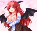  bad_id bad_pixiv_id blush breasts breasts_outside chro head_wings koakuma large_breasts long_hair nipples open_clothes pointy_ears red_eyes red_hair solo touhou wings 