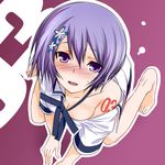  bad_feet bare_legs barefoot blush flower from_above hair_flower hair_ornament kawagishi_keitarou maji_de_watashi_ni_koi_shinasai! open_mouth purple_eyes purple_hair saliva school_uniform shiina_miyako sitting solo sweat wariza 