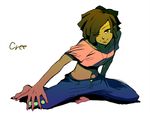  barefoot belt black_hair brown_eyes buttons character_name codename:_kids_next_door cree_lincoln dark_skin denim full_body head_tilt jeans jewelry kneeling looking_at_viewer midriff navel necklace pants short_hair simple_background smile solo spread_legs t_k_g white_background 
